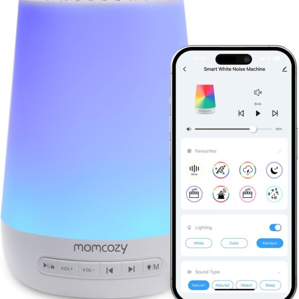 Baby Sound Machine, Momcozy White Noise Machine for Baby Sleeping with Night Light, Toddler Sleep Trainer with 34 Soothing Sounds, Timer, App Remote Control, Personal Sleep Routine (Blue)