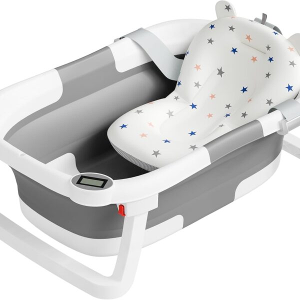 Collapsible Baby Bathtub,Baby Bath Tub with Soft Cushion & Thermometer,Baby Bathtub Newborn to Toddler 0-36 Months,Portable Travel Baby Tub