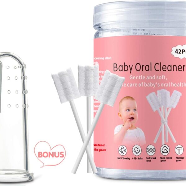 Baby Tongue Cleaner, Baby Toothbrush, 42Pcs Disposable Infant Toothbrush Clean Baby Mouth,Gauze Gum Cleaner Toothbrush Baby Oral Cleaning Stick Dental Care for 0-36 Month Baby+Free 1 Finger Toothbrush