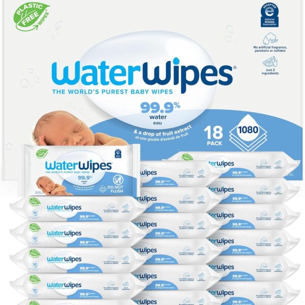 WaterWipes Plastic-Free Original Baby Wipes, 99.9% Water Based Wipes, Unscented & Hypoallergenic for Sensitive Skin, 1080 Count (18 packs)