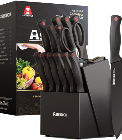 Astercook Kitchen Knife Set, 15 Pcs Knives Block Set with Built-in Sharpener, Healthy Anti-Rust Coating & German Stainless Steel Knife Set, Dishwasher Safe Black