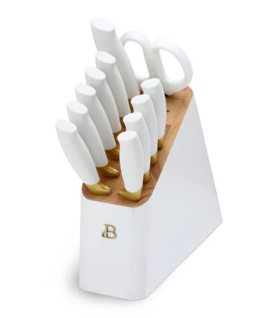 Beautiful 12 Piece Stainless Steel Knife Block Set, Soft-Grip Handles White Icing by Drew Barrymore