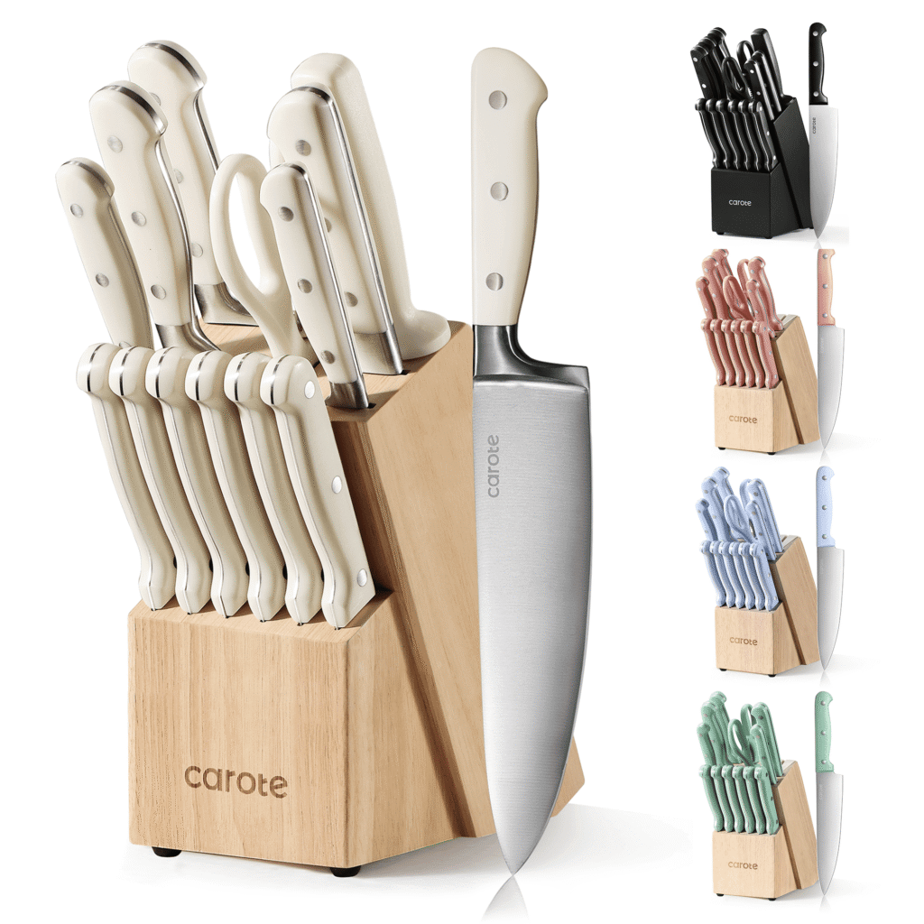 Carote 14 Pcs Knife Set with Wooden Block Stainless Steel Knives with Ergonomic Handle, Forged