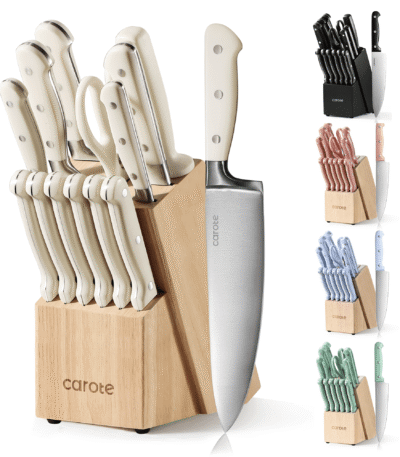 Carote 14 Pcs Knife Set with Wooden Block Stainless Steel Knives with Ergonomic Handle, Forged