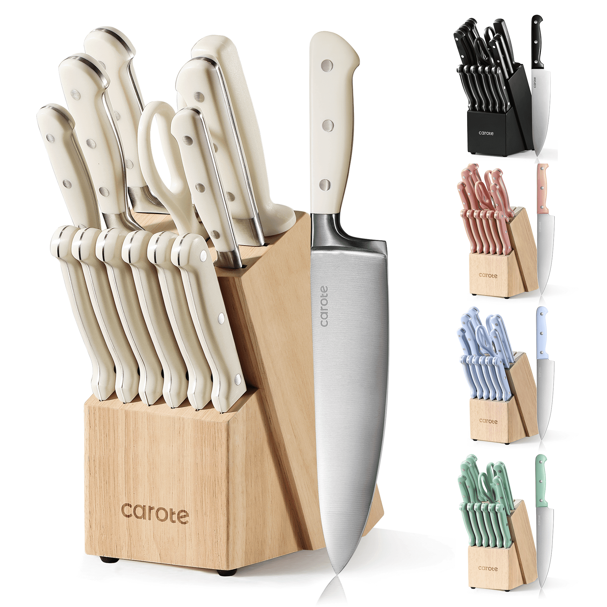 Carote 14 Pcs Knife Set with Wooden Block Stainless Steel Knives with Ergonomic Handle, Forged Carote 14 Pcs Knife Set with Wooden Block Stainless Steel Knives with Ergonomic Handle, Forged