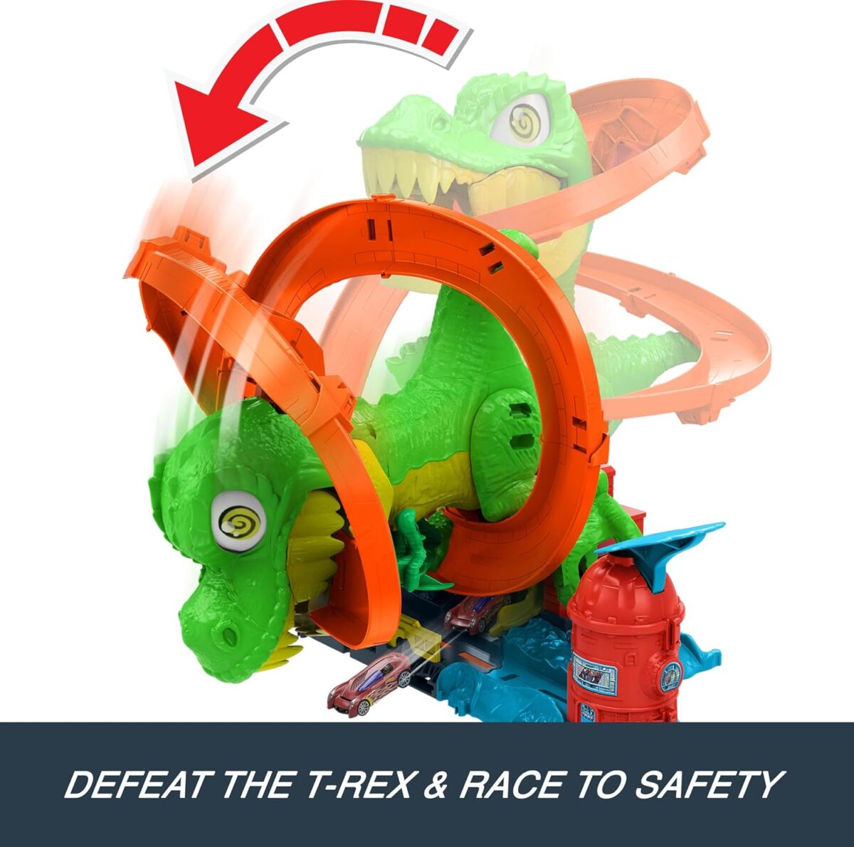 Hot Wheels Toy Car Track Set, City T-Rex Blaze Battle Playset & 1:64 Scale Die-Cast Vehicle, 18” Tall, Multiple Race Outcomes, Spinning Dinosaur Eyes