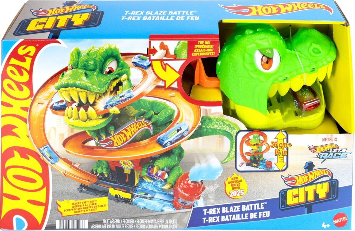 Hot Wheels Toy Car Track Set, City T-Rex Blaze Battle Playset & 1:64 Scale Die-Cast Vehicle, 18” Tall, Multiple Race Outcomes, Spinning Dinosaur Eyes